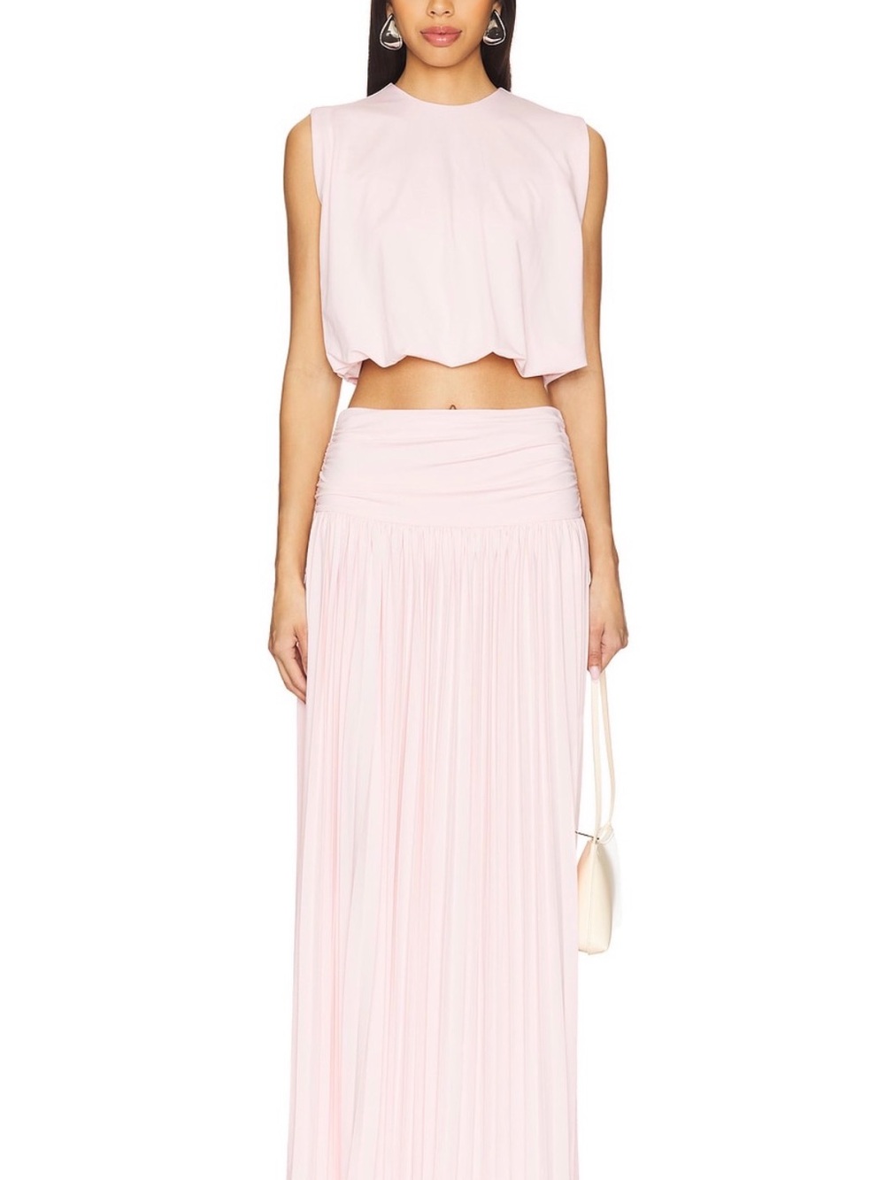 Ruched Waist Pleated Maxi Skirt in Pale Pink